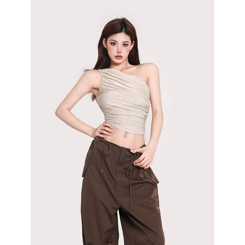 Antmvs Olivia Solid Color Shimmer One Shoulder Pleated Slim Wrapped Cropped Top