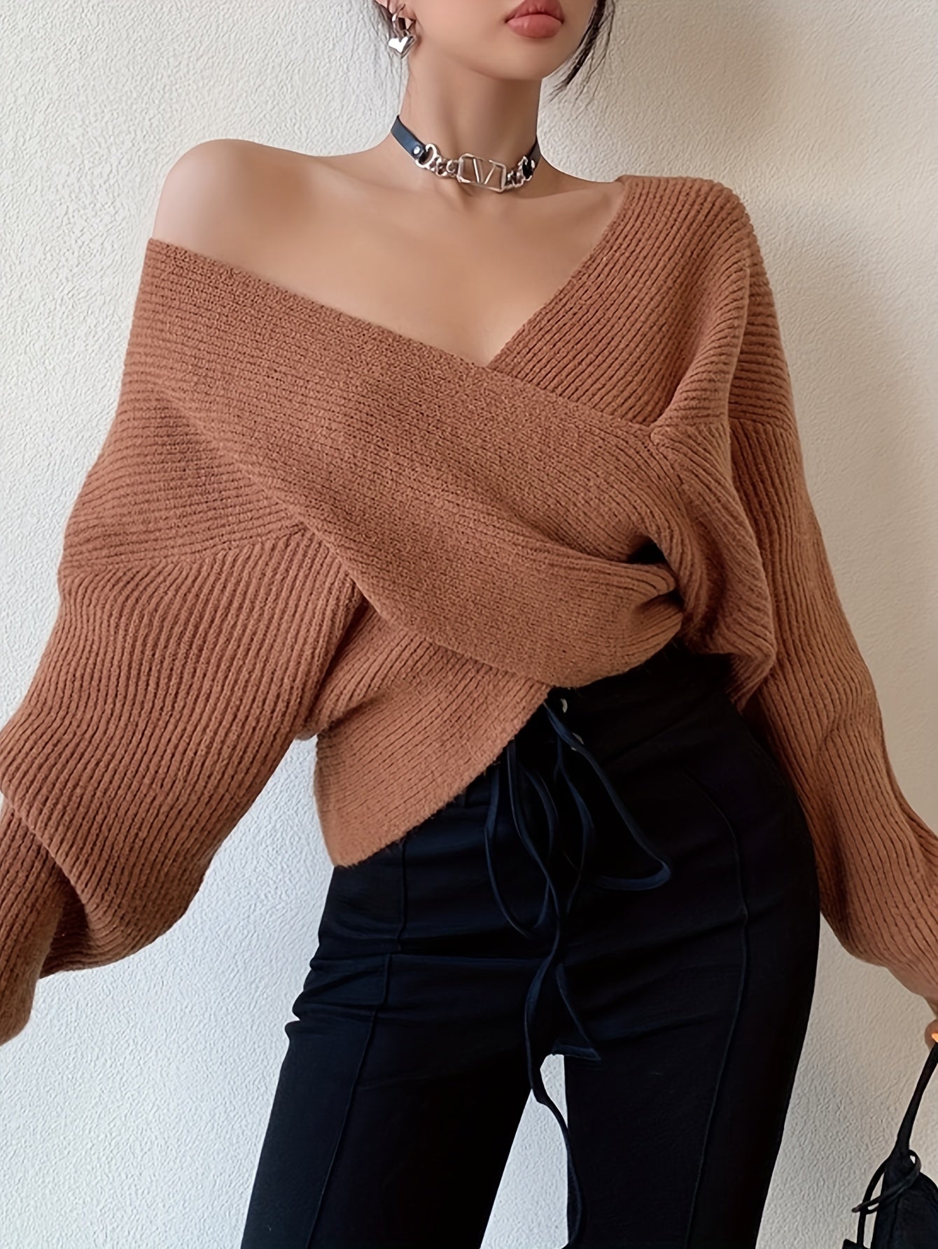 Antmvs Solid Cross Front Knit Sweater, Sexy V Neck Long Sleeve Loose Fashion Sweater, Women's Clothing