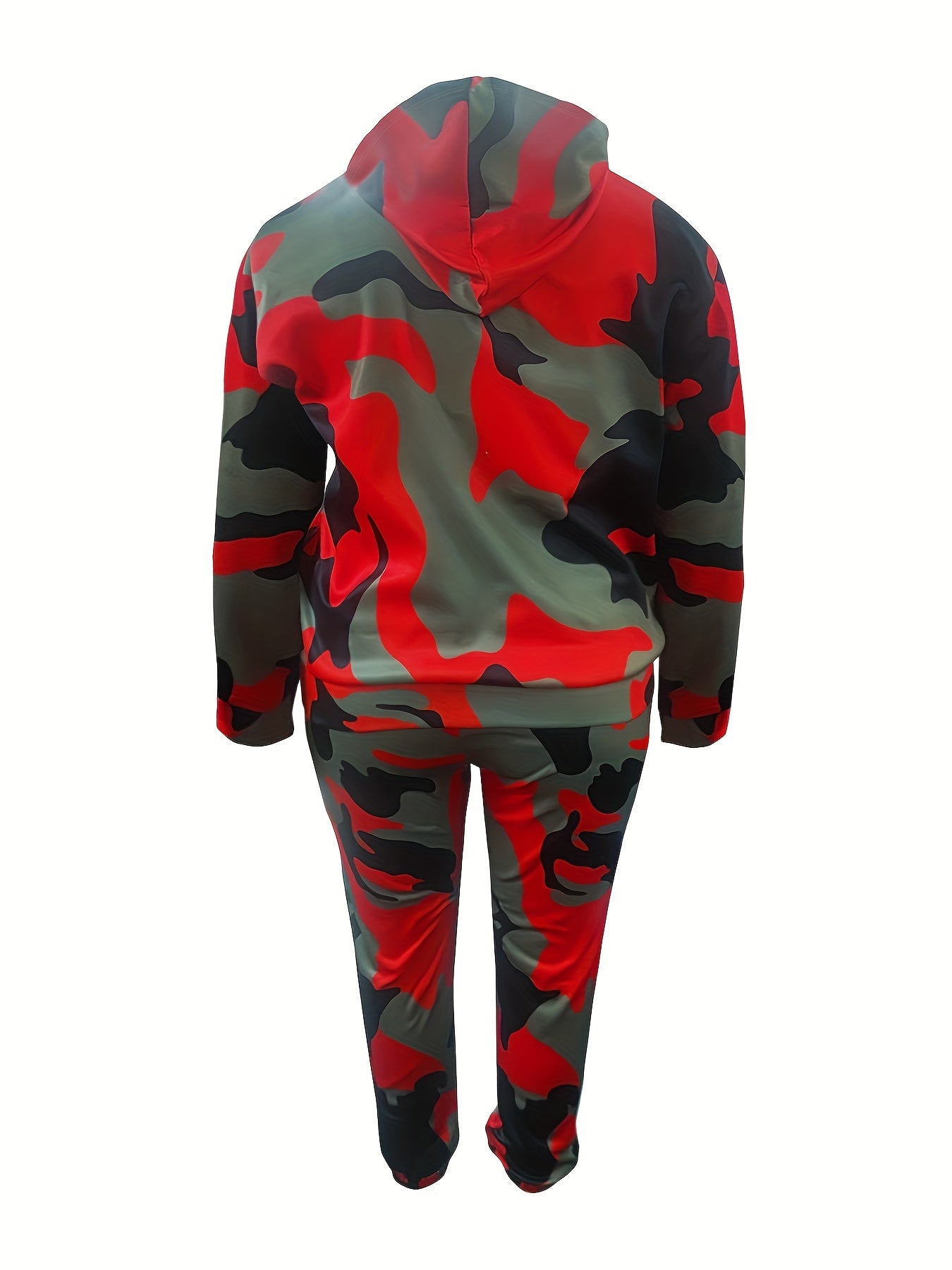 Plus Size Camo Print Hooded Tracksuit Set - Soft Slight Stretch Polyester Fabric, Long Sleeve, Front Pocket, Machine Washable, Random Printing - Womens Activewear for Running, Jogging, and Fitness