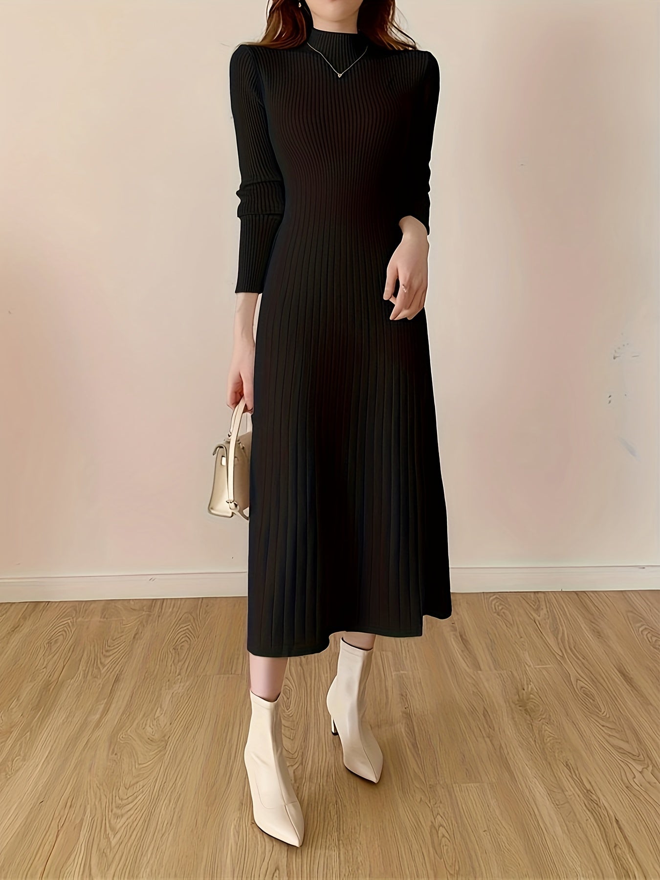 Antmvs Mock Neck Ribbed Dress, Casual Solid Long Sleeve Midi Dress, Women's Clothing