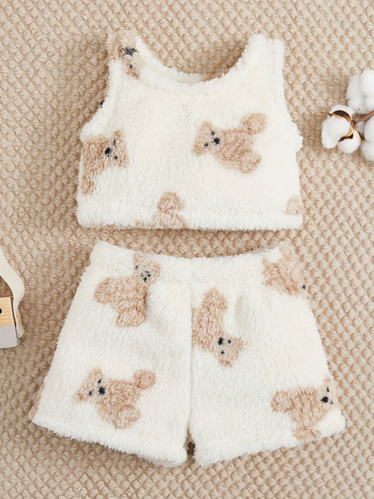 2pcs Cartoon Bear Print Plush Girls Top + Shorts Set for Spring Fall Winter Outdoor Casual Activities, Christmas Gift