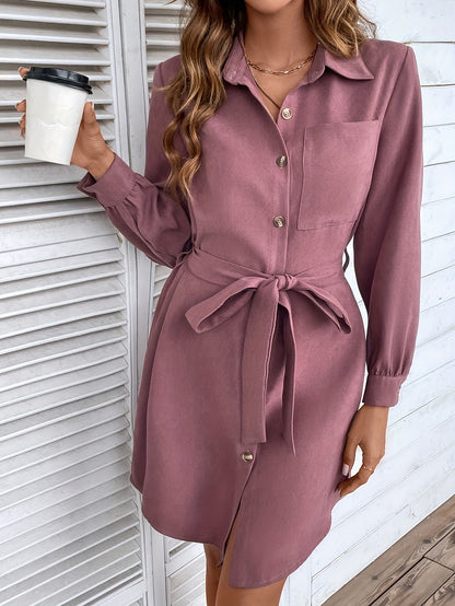 Antmvs Button Front Lantern Sleeve Dress, Casual Tie-waist Lapel Neck Dress For Spring & Fall, Women's Clothing