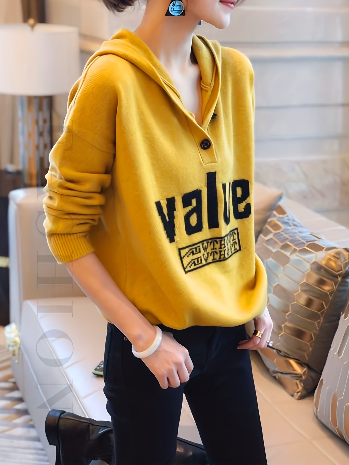 Antmvs Letter Pattern Button Hooded Sweater, Casual Long Sleeve Drop Shoulder Sweater For Fall & Winter, Women's Clothing