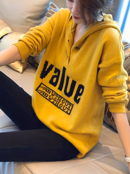 Antmvs Letter Pattern Button Hooded Sweater, Casual Long Sleeve Drop Shoulder Sweater For Fall & Winter, Women's Clothing