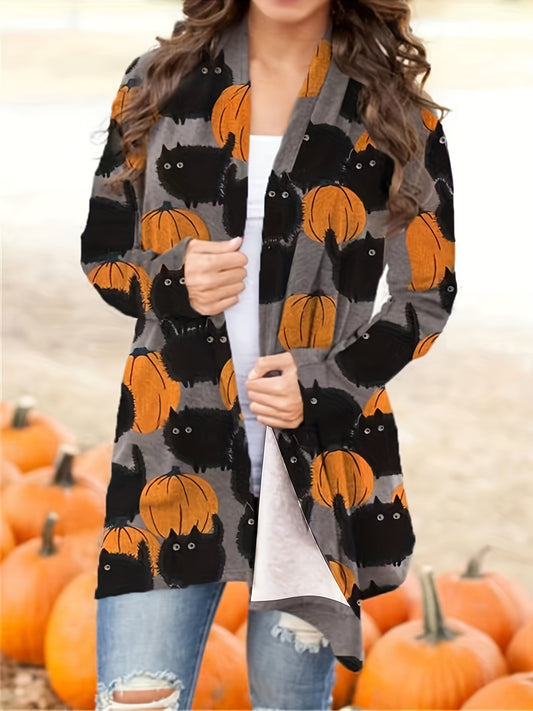 Antmvs Halloween Pumpkin Pattern Cardigan, Casual Open Front Long Sleeve Cardigan For Spring & Fall, Women's Clothing