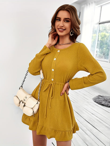 Antmvs Ruffle Hem Button Front Dress, Casual Long Sleeve Crew Neck Drawstring Dress, Women's Clothing