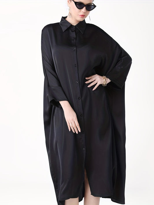 Antmvs Plus Size Casual Dress, Women's Plus Satin Solid Button Up Bat Sleeve Turn Down Collar Oversized Shirt Dress