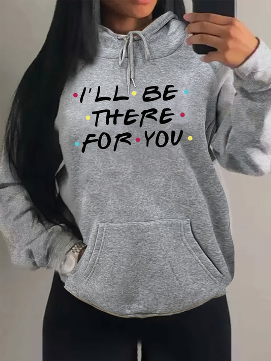 Antmvs Plus Size Casual Sweatshirt, Women's Plus Slogan Print Long Sleeve Drawstring Hooded Sweatshirt With Pockets