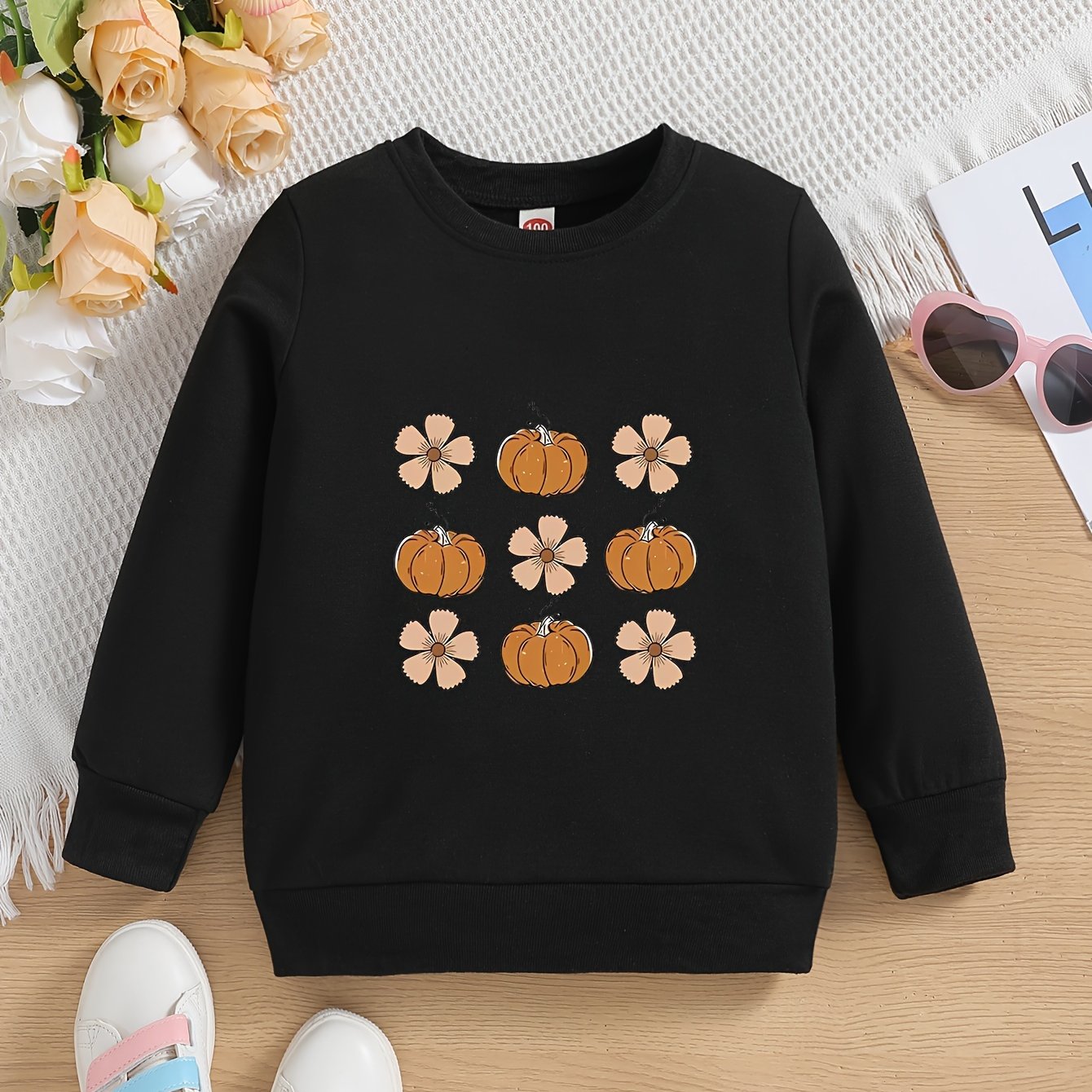 Vibrant Floral and Pumpkin Graphic Toddler Crew Neck Sweatshirt - Soft, Casual, and Comfy Holiday Party Top for Little Girls - Perfect Gift for Kids' Special Occasions