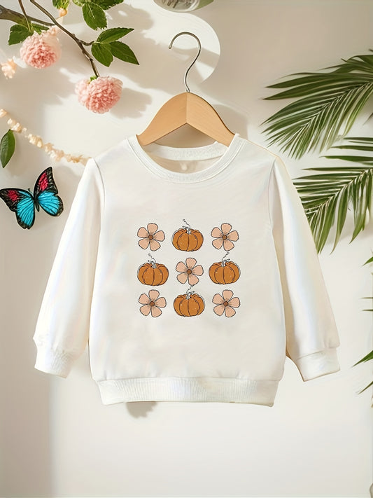 Vibrant Floral and Pumpkin Graphic Toddler Crew Neck Sweatshirt - Soft, Casual, and Comfy Holiday Party Top for Little Girls - Perfect Gift for Kids' Special Occasions