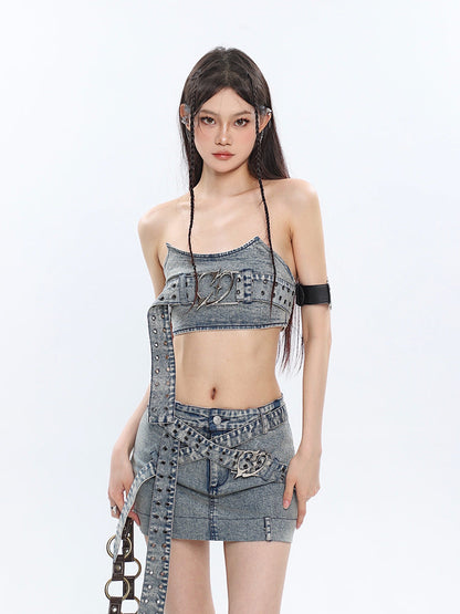 Antmvs Chrome Denim Heart Belt Bandeau Top + Denim Belt Wrap Mini Skirt + Denim Micro Flare Jeans Pants Matching Set