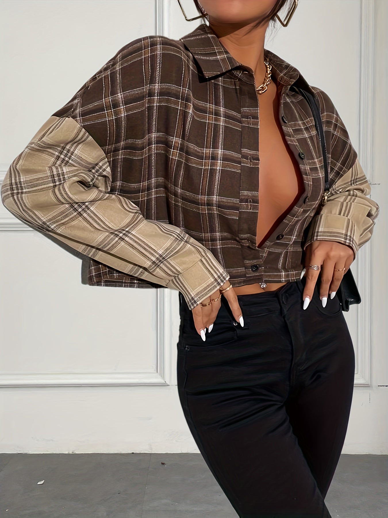 Antmvs Plaid Print Color Block Crop Jacket, Casual Drop Shoulder Button Front Jacket, Women's Clothing