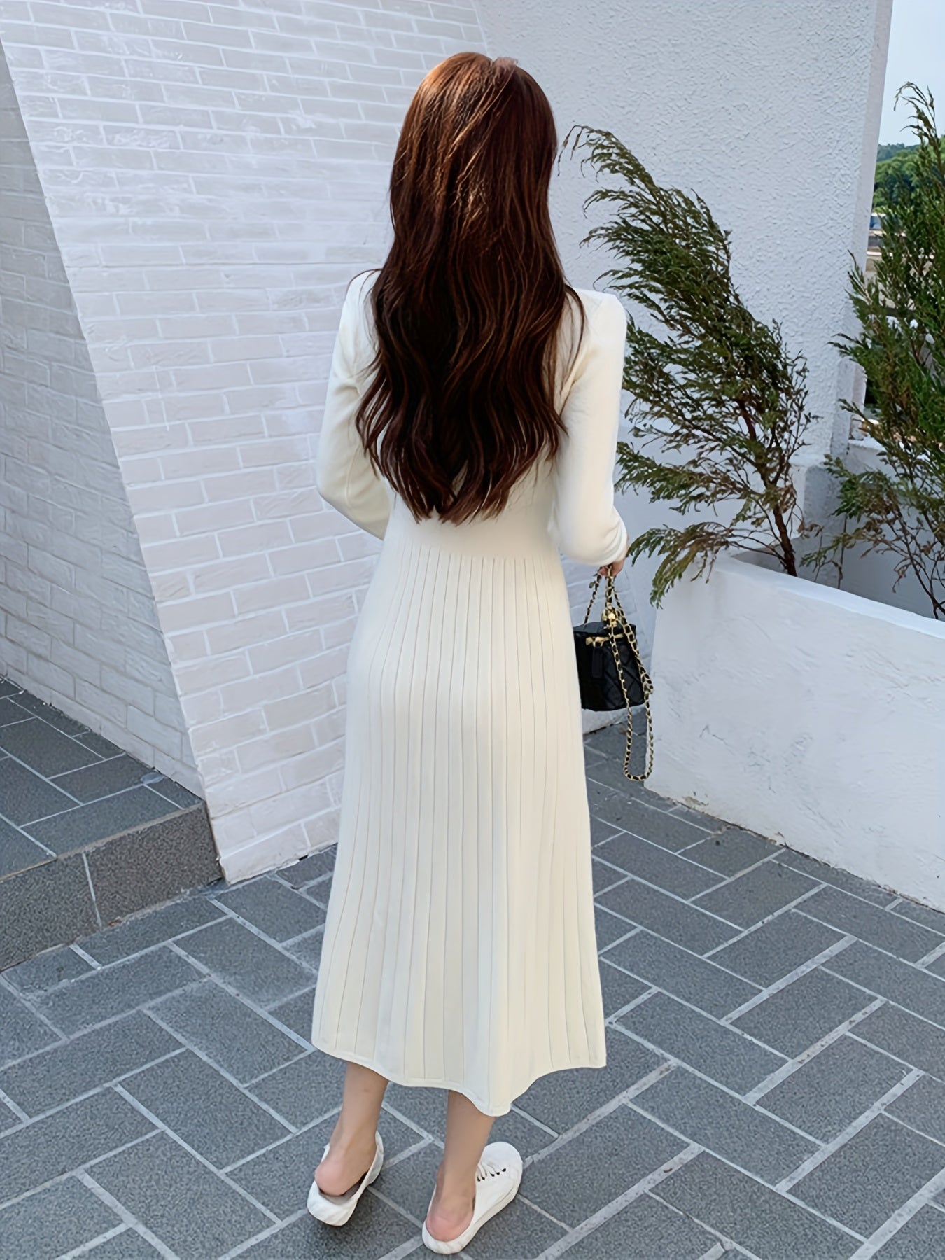 Antmvs Ribbed Button Front Dress, Elegant Solid Long Sleeve Midi Dress, Women's Clothing