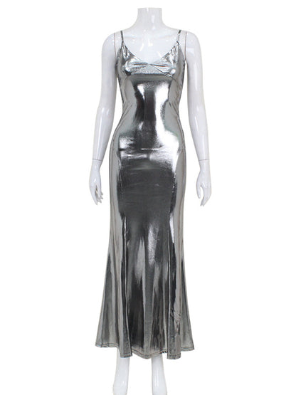 Antmvs Split-Joint Solid Color Shiny Sleeveless V-neck Maxi Dresses