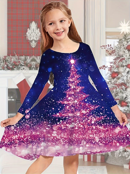 Kids Sweet Girls Christmas Tree Print Crew Neck Dress for Christmas Halloween Gift