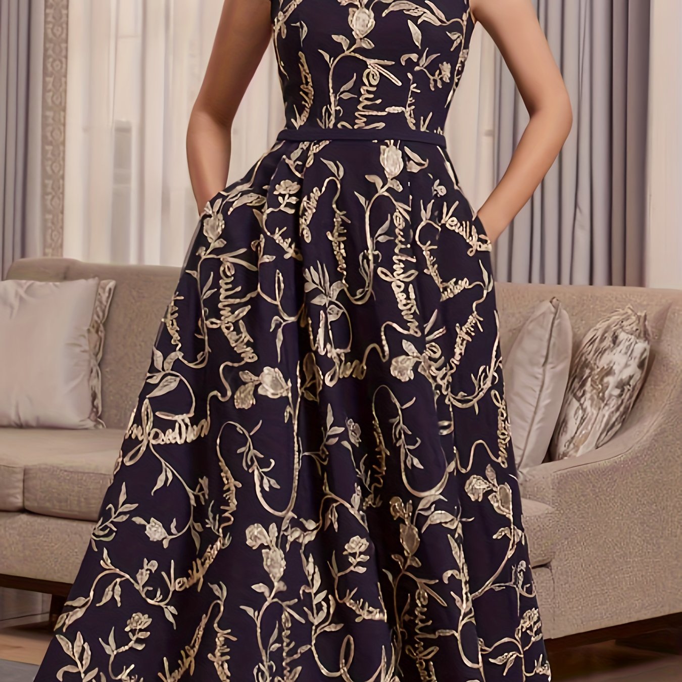 Antmvs Plus Size Elegant Bridesmaid Dress, Women's Plus Floral Print Cap Sleeve Square Neck A-line Maxi Evening Formal Dress