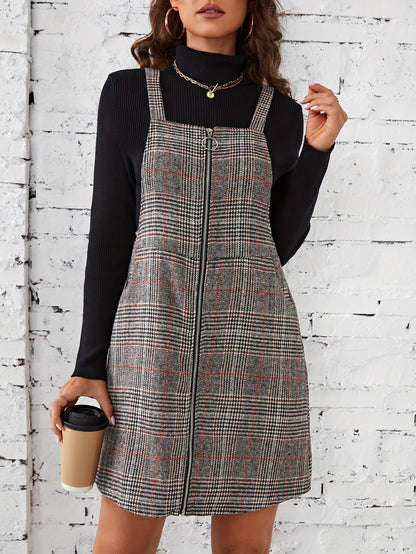 Antmvs Plaid Print Overall Dress, Casual Zipper Bodycon Dress With Pockets, Women's Clothing