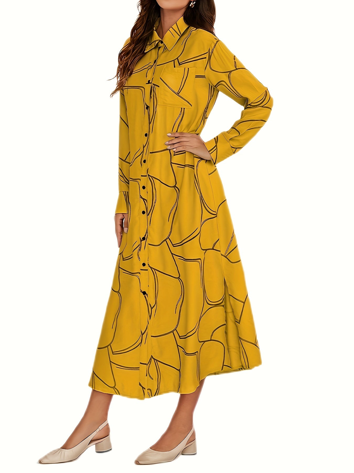 Antmvs Floral Print Button Front Dress, Casual Long Sleeve Lapel Dress, Women's Clothing