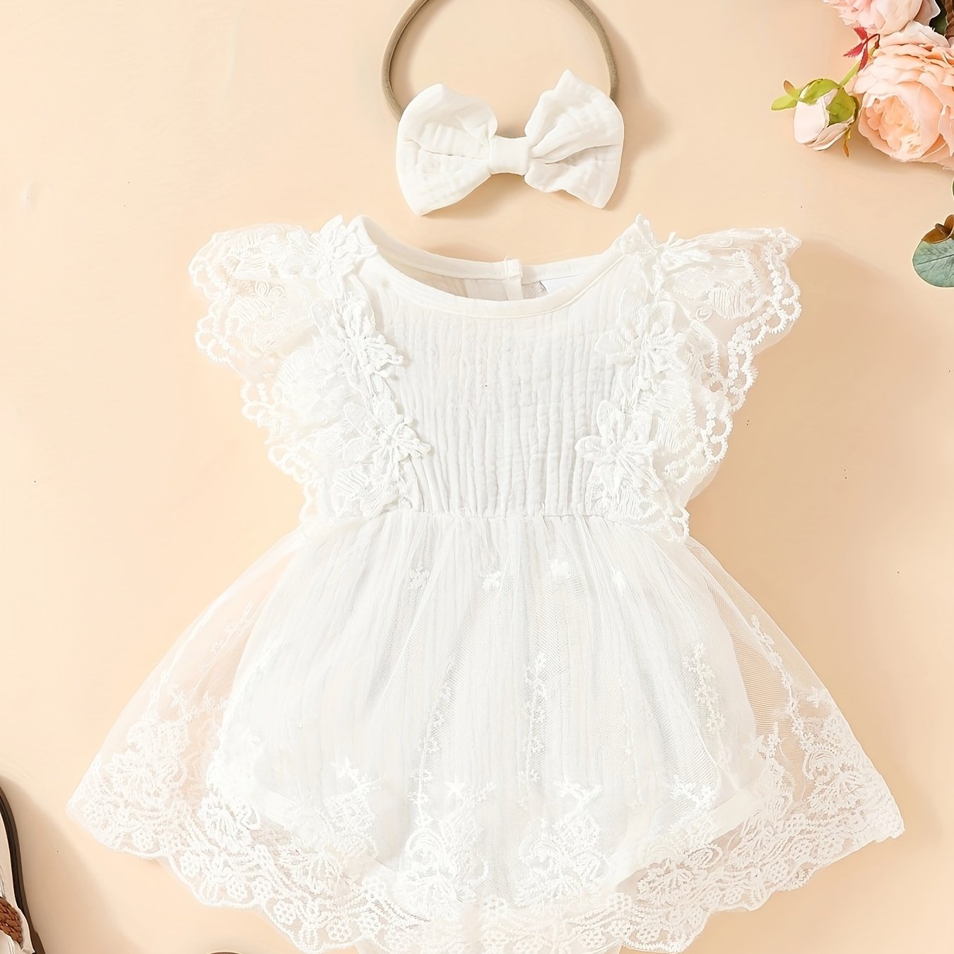 Baby's Lace Flower Embroidered Mesh Muslin Dress, Solid Color Lovely Sleeveless Dress, Infant & Toddler Girl's Clothing For Summer