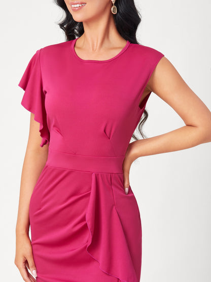 Antmvs Ruffle Trim Split Asymmetrical Dress, Elegant Solid Bodycon Party Dress, Women's Clothing