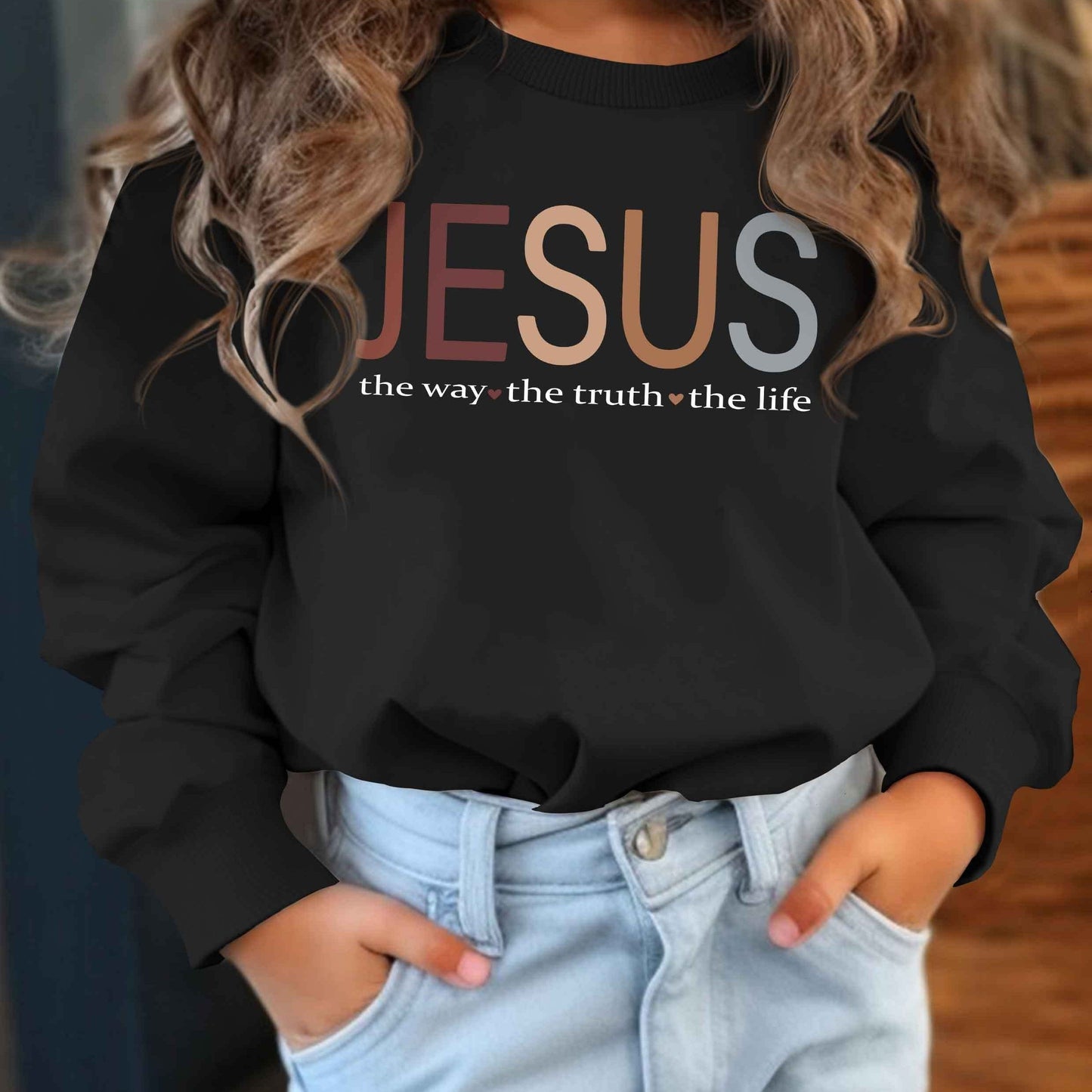 Vibrant Jesus Graphic Sweatshirt - Soft Crew Neck, Casual Sporty Style, Outdoor Wear, Gift Idea for Girls, Kids' Clothing, Relaxed Fit, Comfortable Fabric