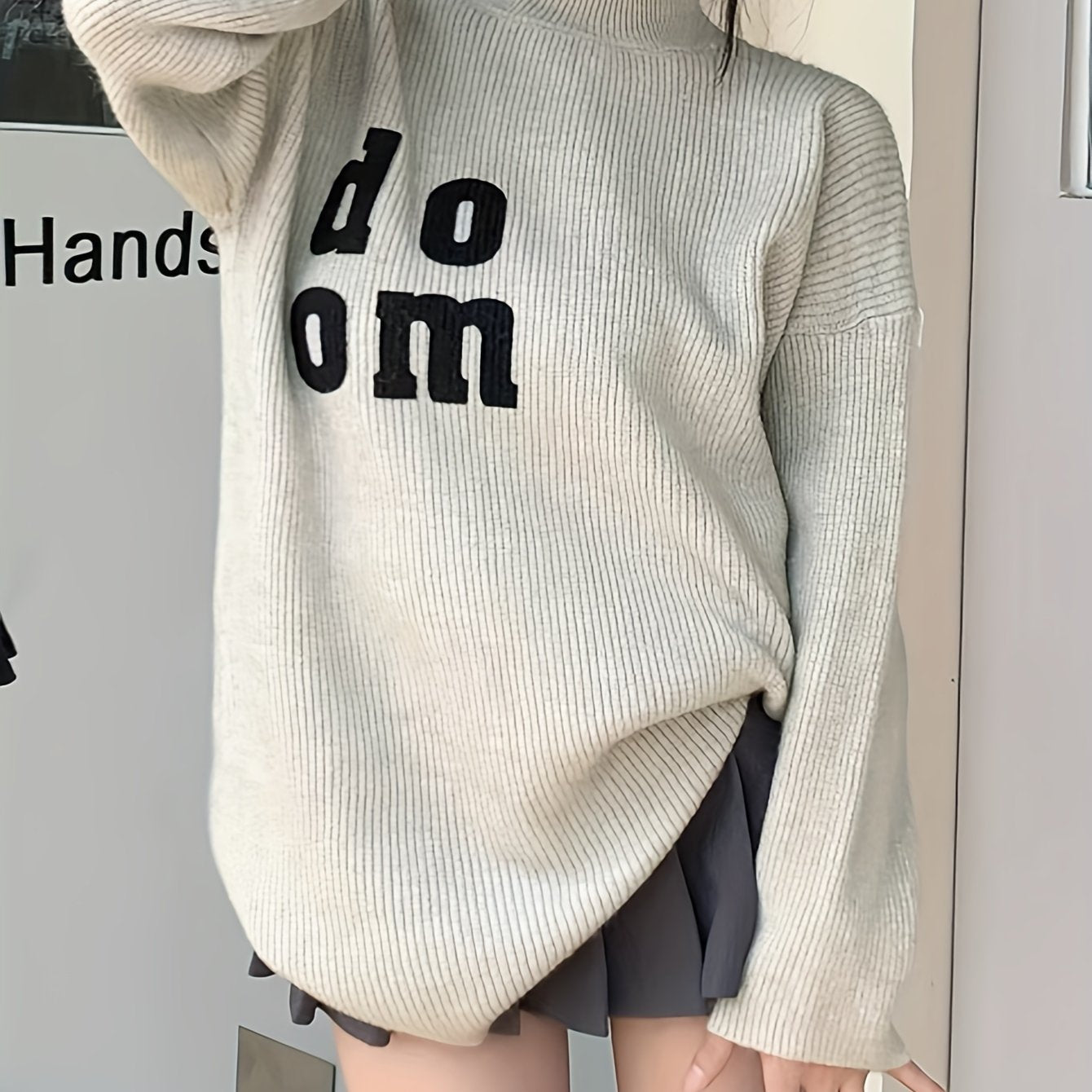 Antmvs Letter Pattern Mock Neck Pullover Sweater, Versatile Long Sleeve Loose Sweater For Fall & Winter, Women's Clothing