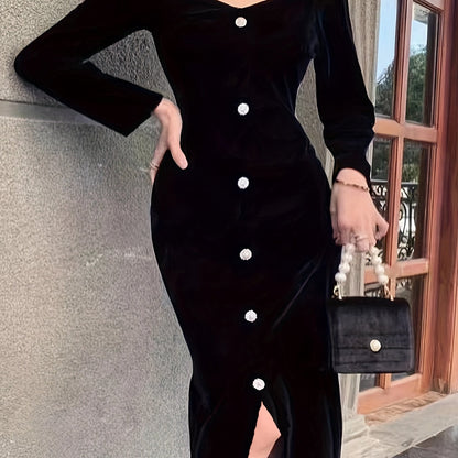 Antmvs Button Solid Color Dress, Elegant Long Sleeve Dress For Party & Banquet, Women's Clothing