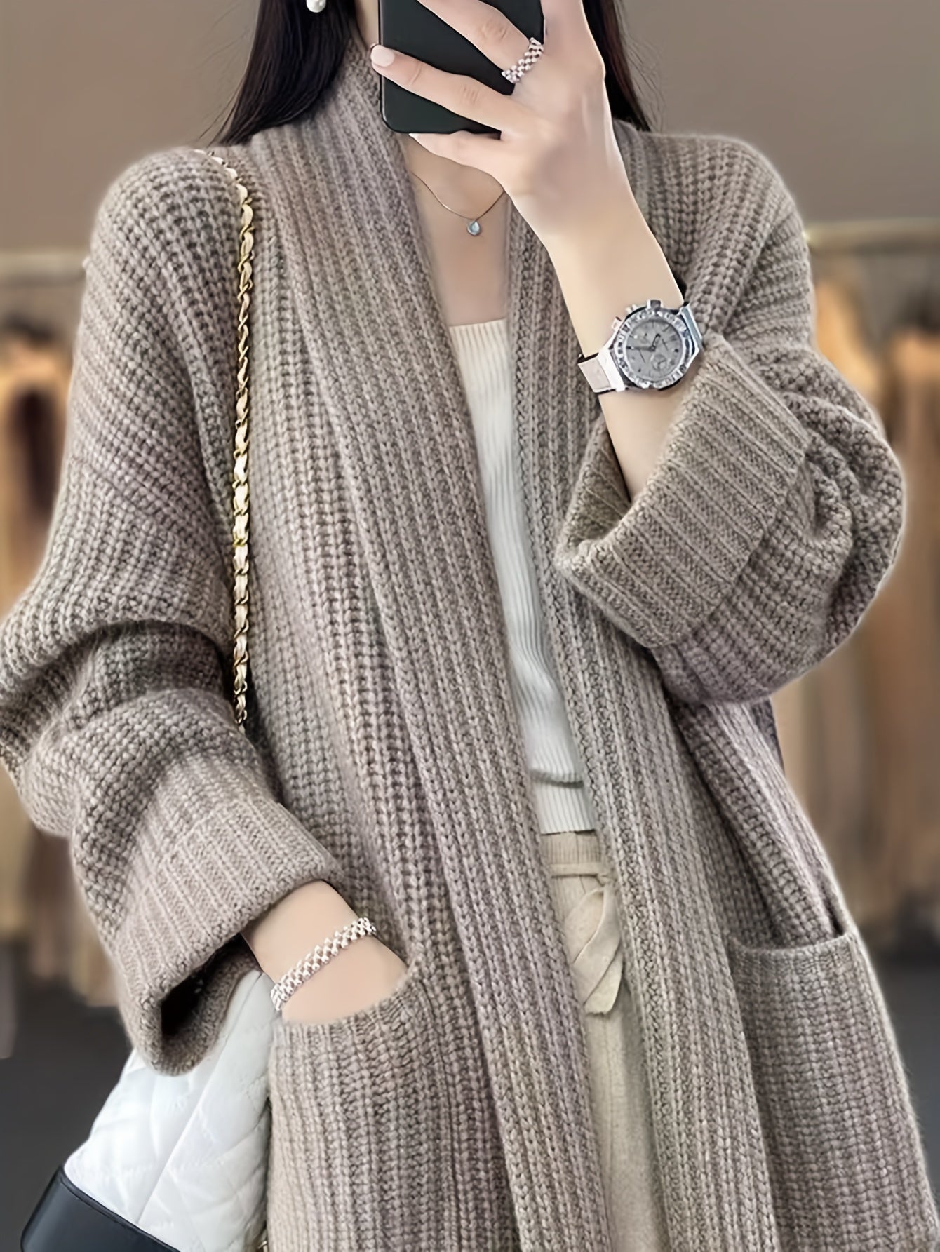 Antmvs Solid Open Front Knit Cardigan, Casual Long Sleeve Oversized Sweater Coat With Pocket, Women's Clothing