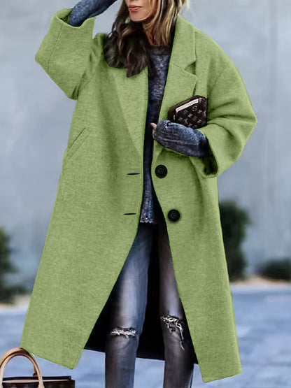 Antmvs Plus Size Casual Coat, Women's Plus Solid Button Up Long Sleeve Lapel Collar Long Coat