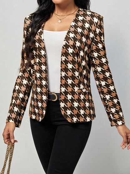 Antmvs Pockets Houndstooth Plus Size Loose V-neck Outerwear Blazer