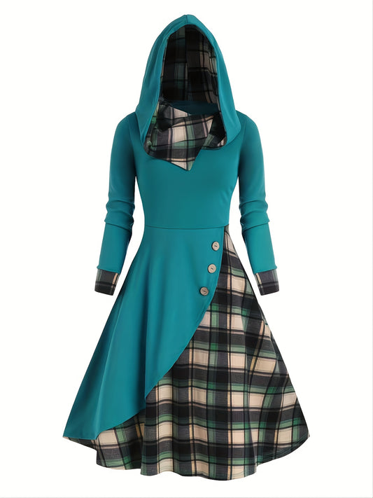 Antmvs Color Block Plaid Midi Dresses Sexy Nightclub Long Sleeve Hooded Cloak Hoodie Dress Victorian Pirate Millennial Frock