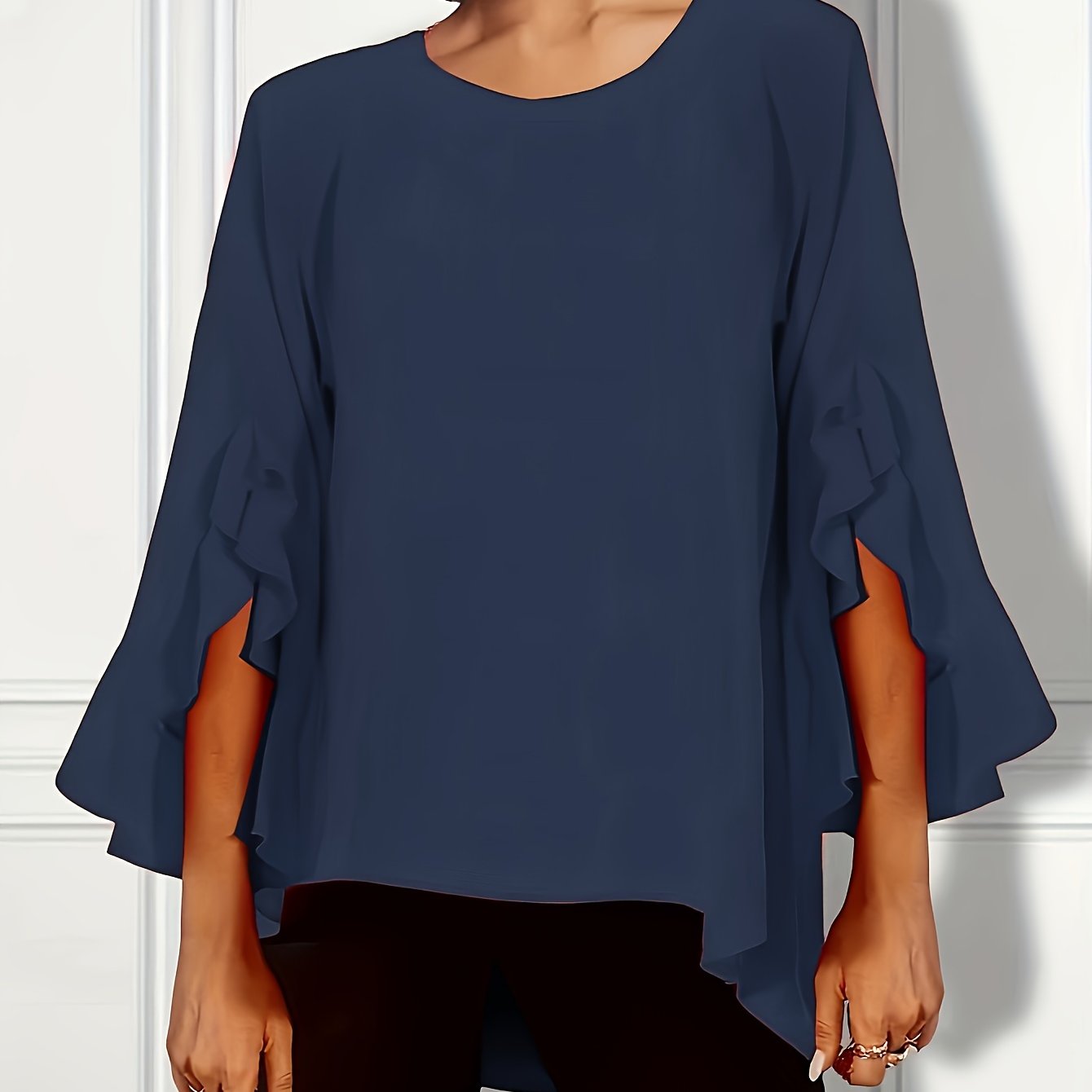 Plus Size Elegant Crew Neck Blouse - 3/4 Sleeve, Ruffle Trim, Slight Stretch, Solid Color, Woven Fabric - Perfect for Spring, Summer, and Fall Seasons