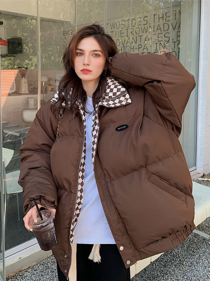 Antmvs Solid Puffy Warm Coat, Casual Zip Up Long Sleeve Winter Outerwear, Women's Clothing