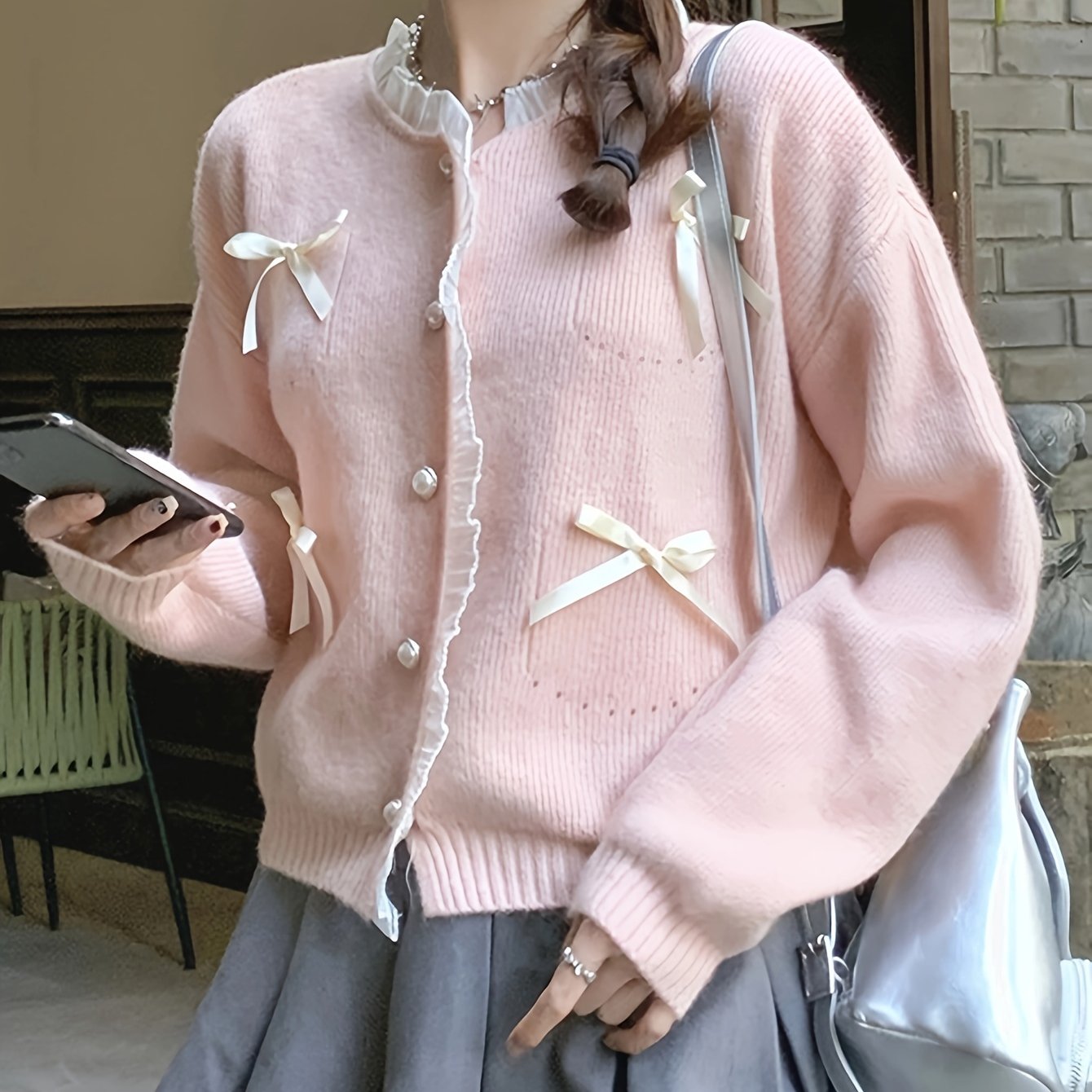 Antmvs Butterfly Knot Knitted Cardigan, Casual Lace Splicing Button Front Long Sleeve Cardigan For Fall & Winter, Women's Clothing