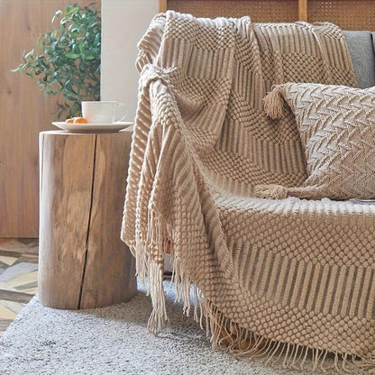 1pc Cozy Solid Color Knitted Throw Blanket - Premium Plush, Snugly Warm, Stylish Tassels - Perfect for Living Room, Bedroom & Camping - All-Season Versatility