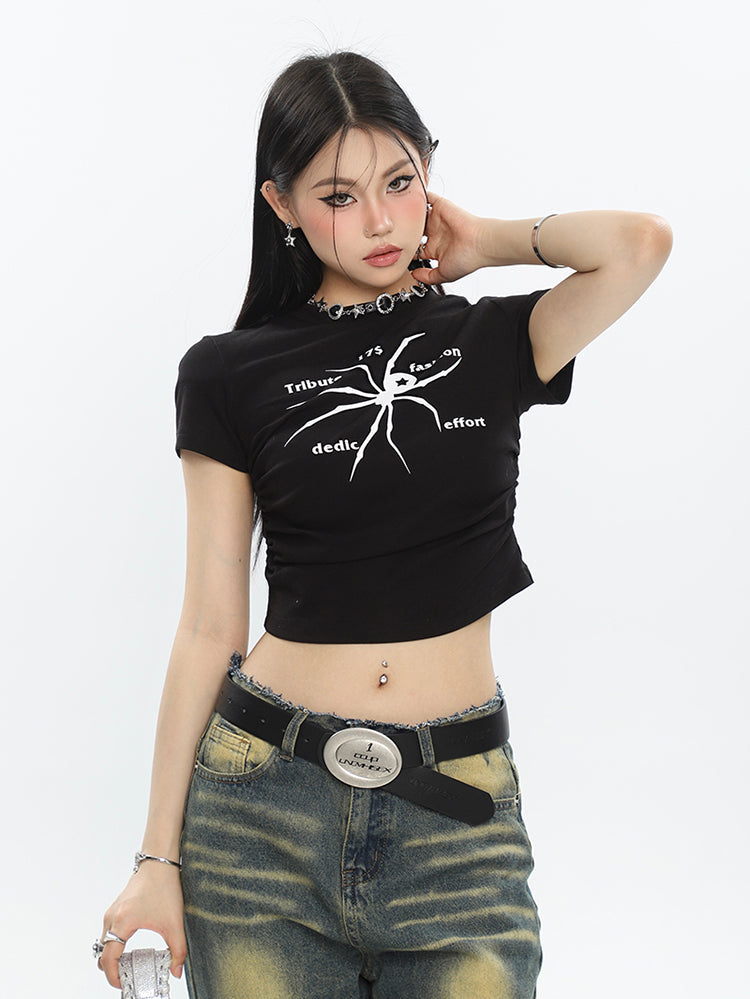 Antmvs Spidergirl Graphic Image Print Short Sleeve Ruched Pleated Cropped Top