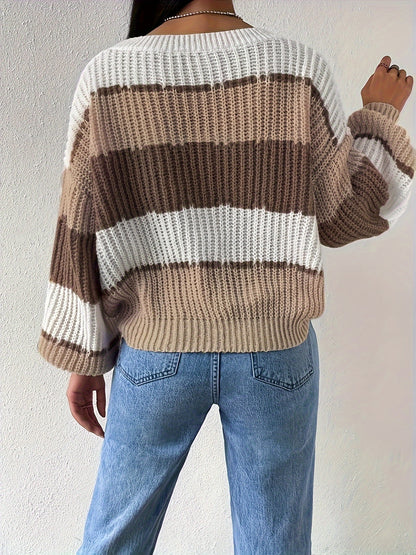 Antmvs Color Block Crew Neck Pullover Sweater, Casual Lantern Sleeve Loose Sweater, Women's Clothing