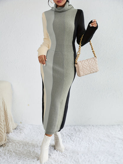 Antmvs Color Block Rib Knit Dress, Casual High Neck Long Sleeve Midi Dress, Women's Clothing