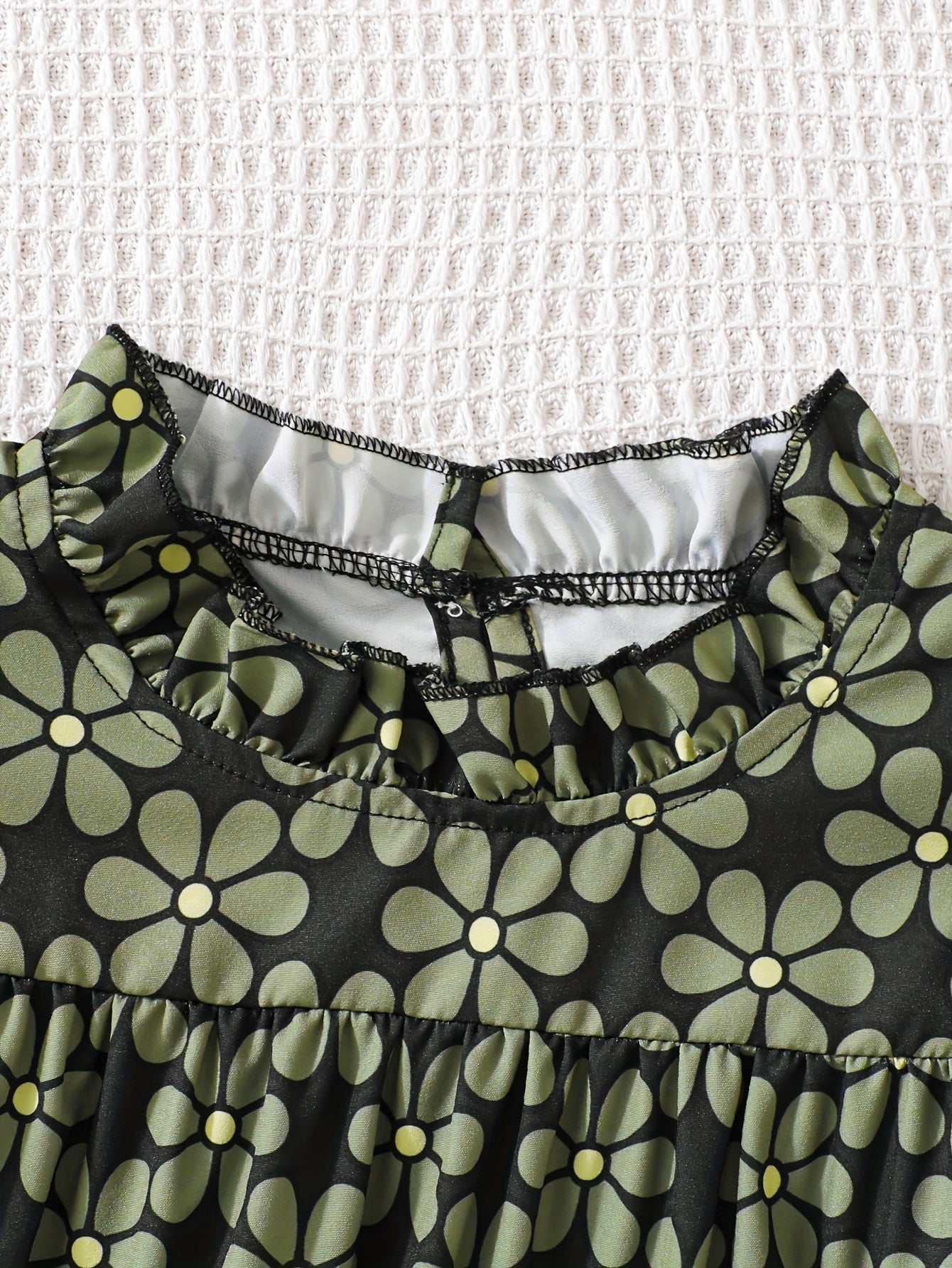 Olive Green Floral Girls Elegant Sleeveless Top - Delicate Ruffled Collar, Flutter Cap Sleeves, Beautiful Pleated Trim - Perfect for Summer Fashion and Outdoor Activities