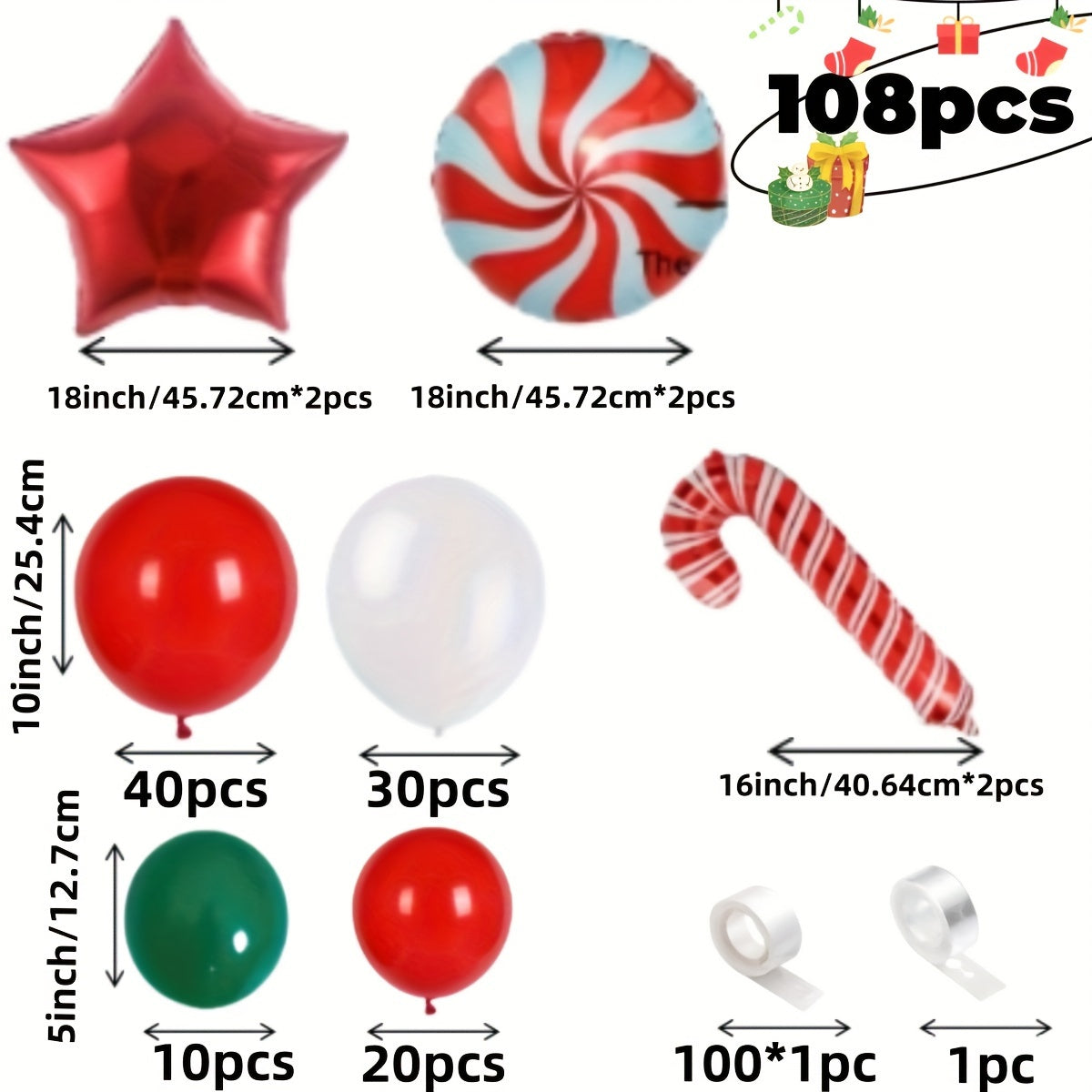 108pcs Christmas Balloon Garland Arch Kit - Red, White & Green with Candy Cane Accents for Holiday Decorations, Anniversaries, New Year's Parties, Birthdays & Graduations