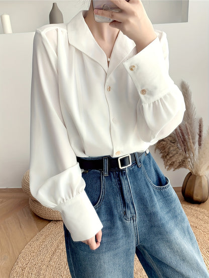 Antmvs Lantern Sleeve Button Shirt, Casual Long Sleeve Shirt For Spring & Fall, Women's Clothing