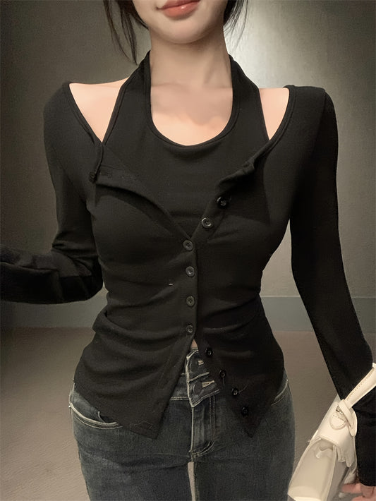 Antmvs Faux Twinset Halter Neck Top, Casual Long Sleeve Button Top For Spring & Fall, Women's Clothing