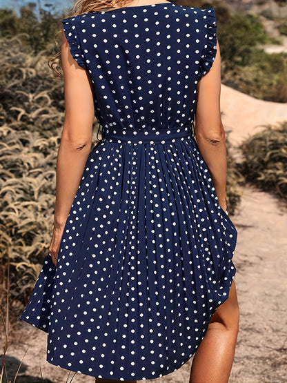 Antmvs Polka Dot Pleated Dress, Casual Keyhole Ruffle Trim Dress, Women's Clothing