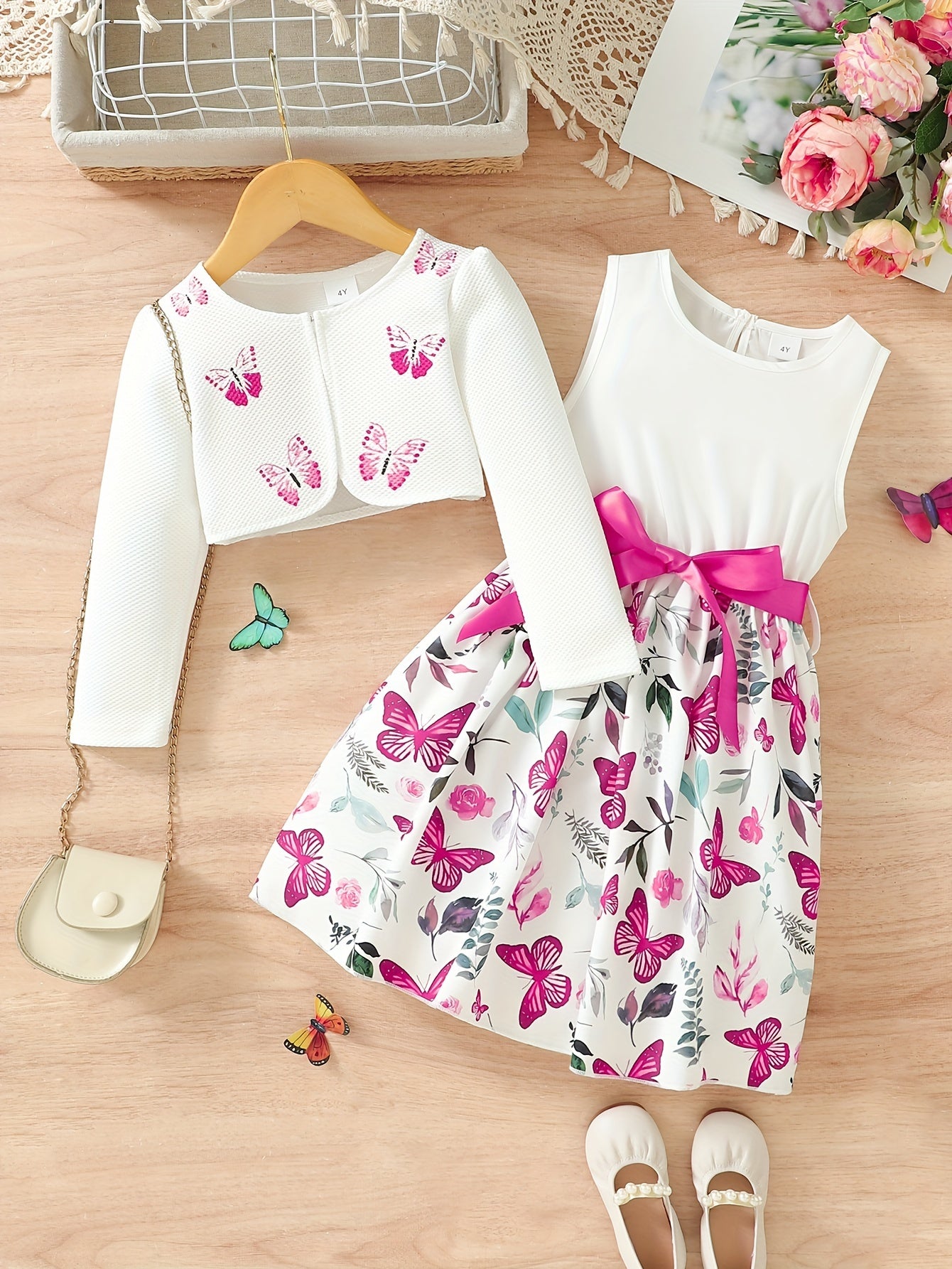 2pcs Little Girl Butterfly Dresses Outfit Floral Tank Dress And Graphic Cardigan Top Set, For Cute And Casual Look, Kids Clothing Gift