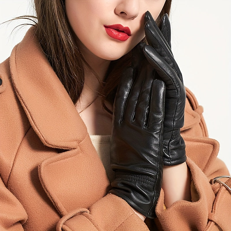 Women's Black Sheepskin Gloves Stylish Plus Velvet Warm Real Leather Gloves Autumn Winter Bow Ruffle Decor Coldproof Riding Gloves