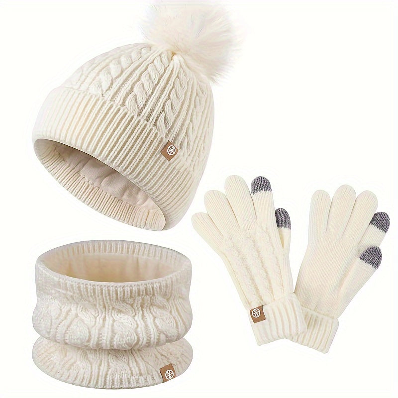 Teenager Hat, Scarf and Gloves Three-pcs Set Winter Thickened and Fleece-lined Warm Knitted Set