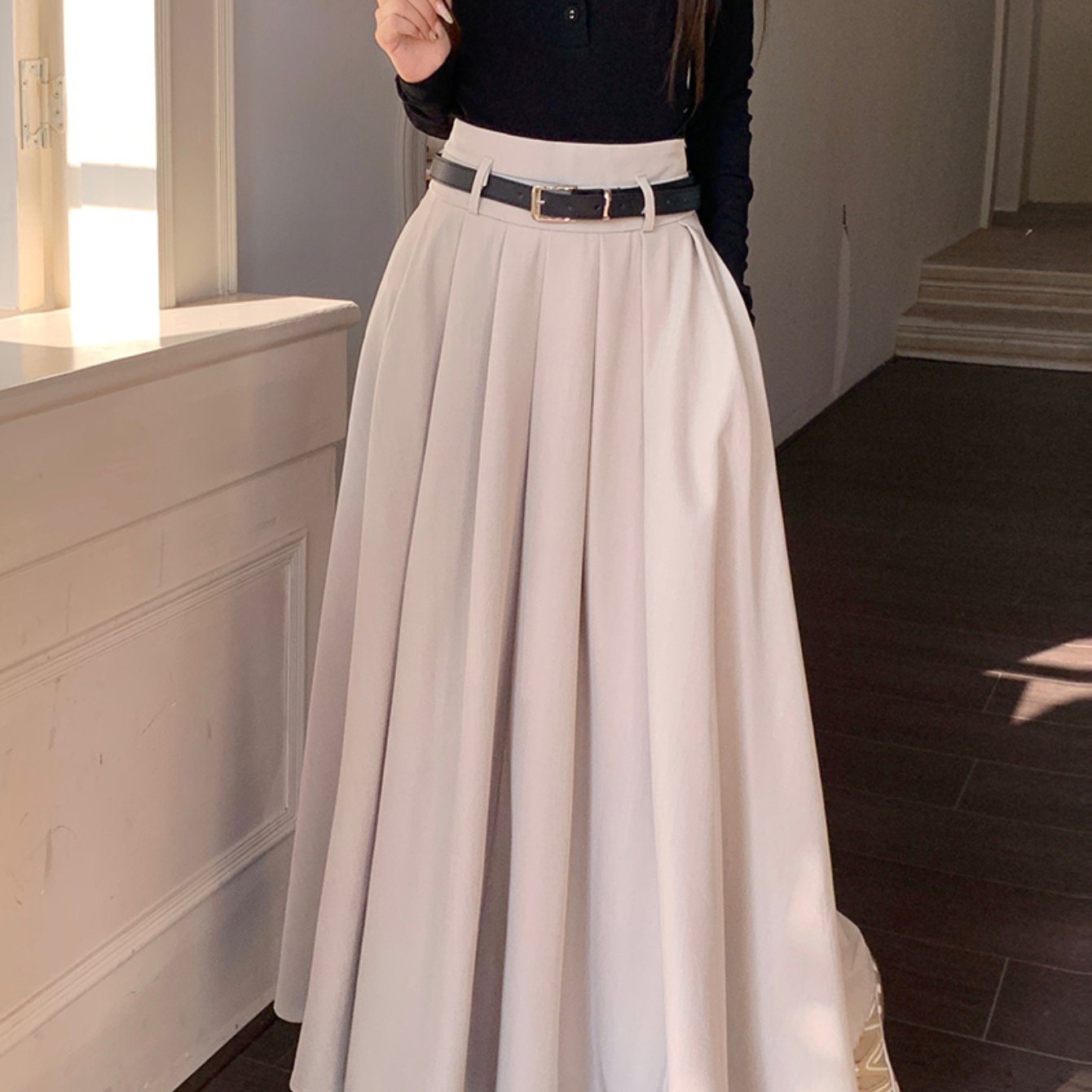 Antmvs Maxi Length Belt Skirt, Elegant Solid Color A-line Skirt, Women's Clothing