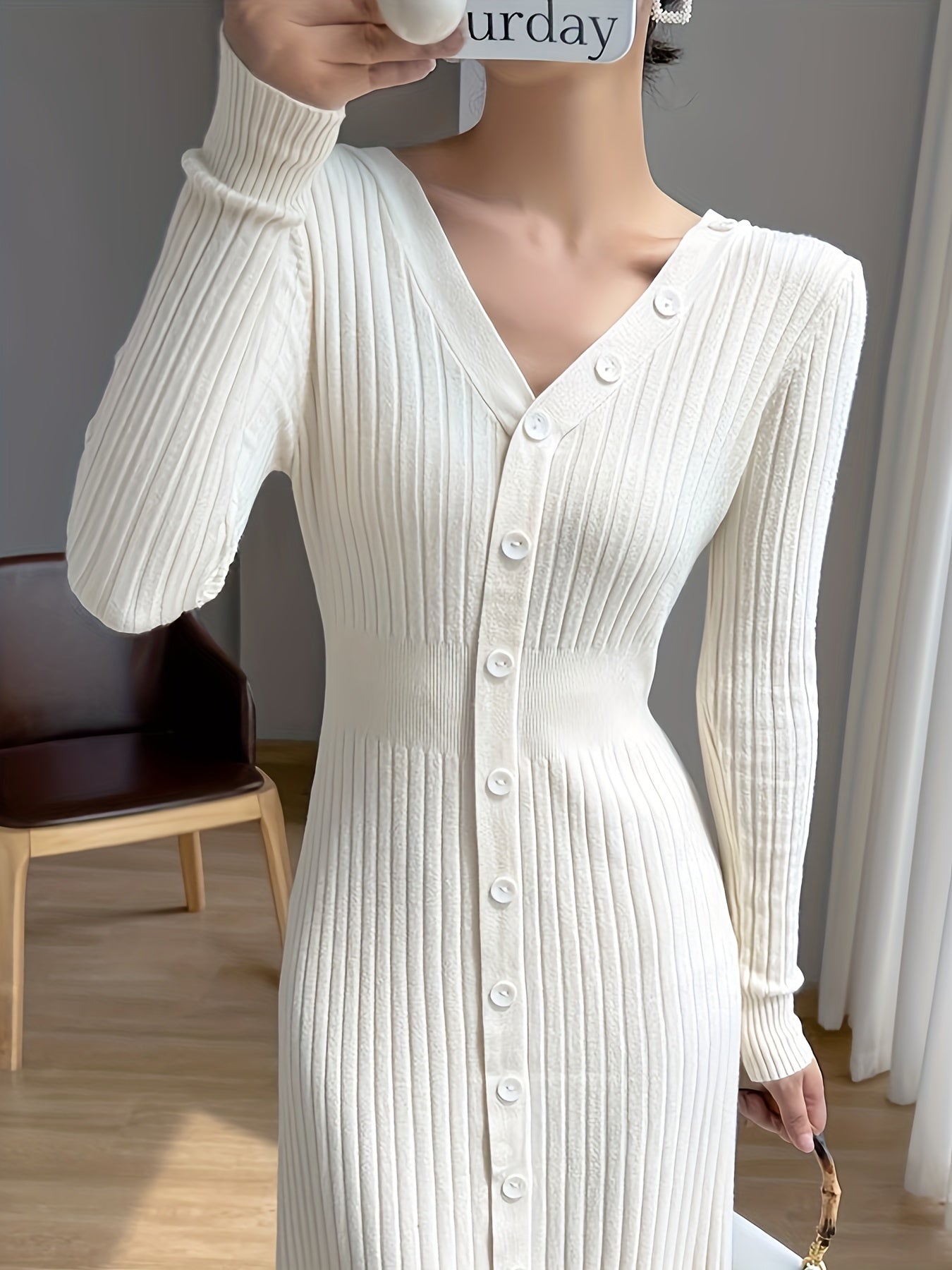 Antmvs Button Front Ribbed Dress, Elegant V Neck Long Sleeve Dress, Women's Clothing