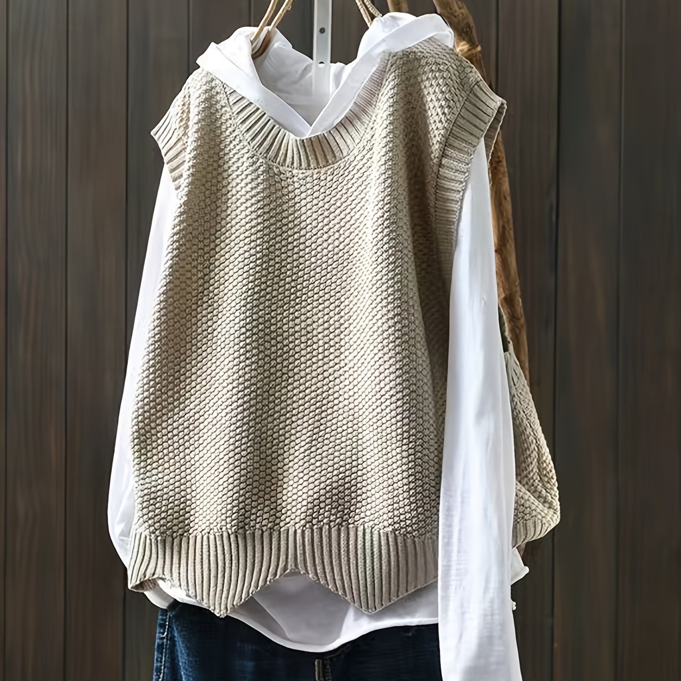 Antmvs Solid Crew Neck Knitted Vest, Casual Sleeveless Loose Sweater, Women's Clothing