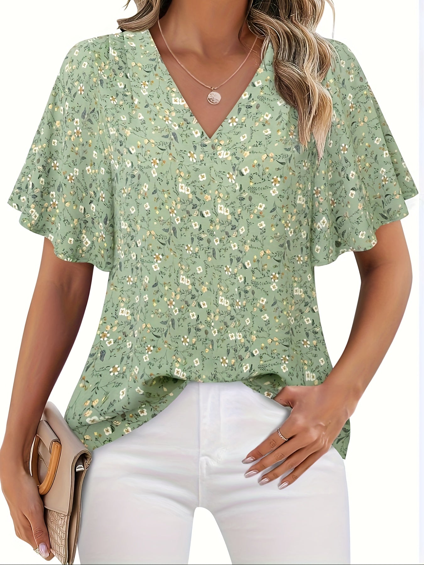 Plus Size Elegant Floral Print V Neck Blouse - Soft Non-Stretch Polyester Fabric, Casual Short Sleeve, Perfect for Spring & Summer - Womens Plus Size Clothing for All Seasons